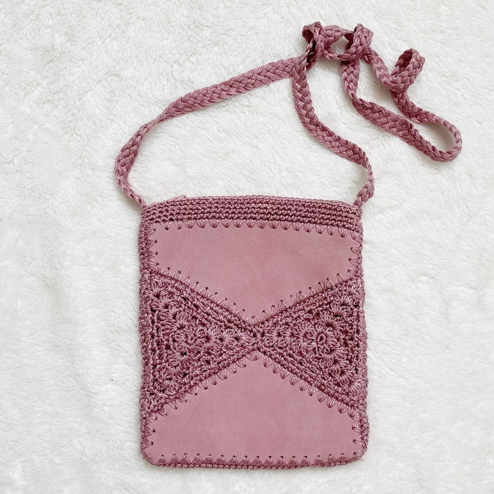 Mauve Leather and Crotchet Side Satchel Festival Bag